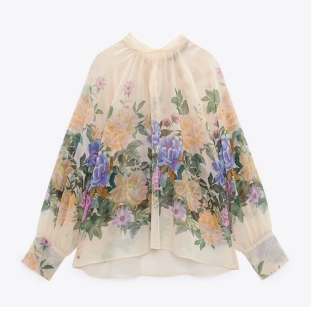 Zara Tan Cream Floral Long Sleeve Blouse